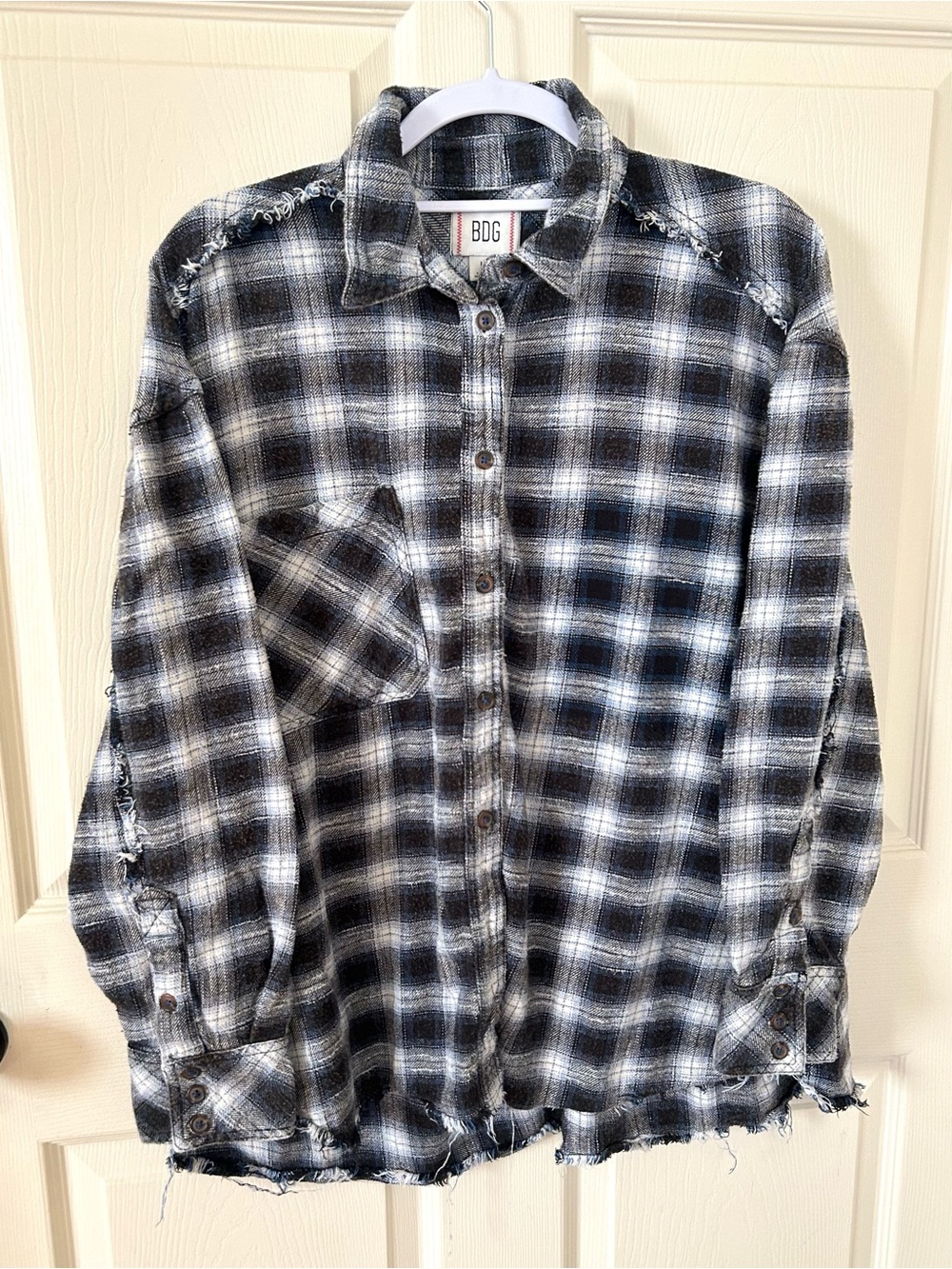 BDG Paid Button Down Size Large 100% Cotton Fringe Trim Oversized Navy Blue